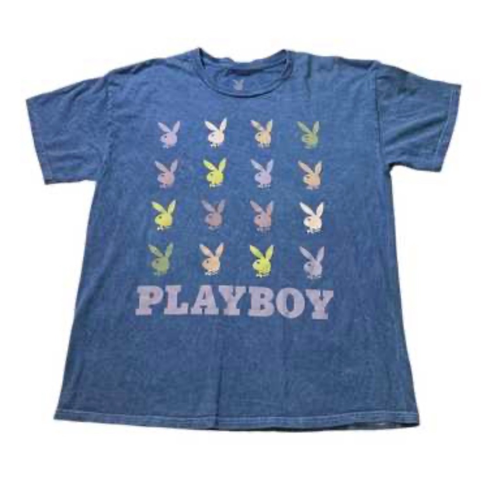 Playboy Graphic T-Shirt Acid Wash Rabbit Head Logo Mens Large Blue